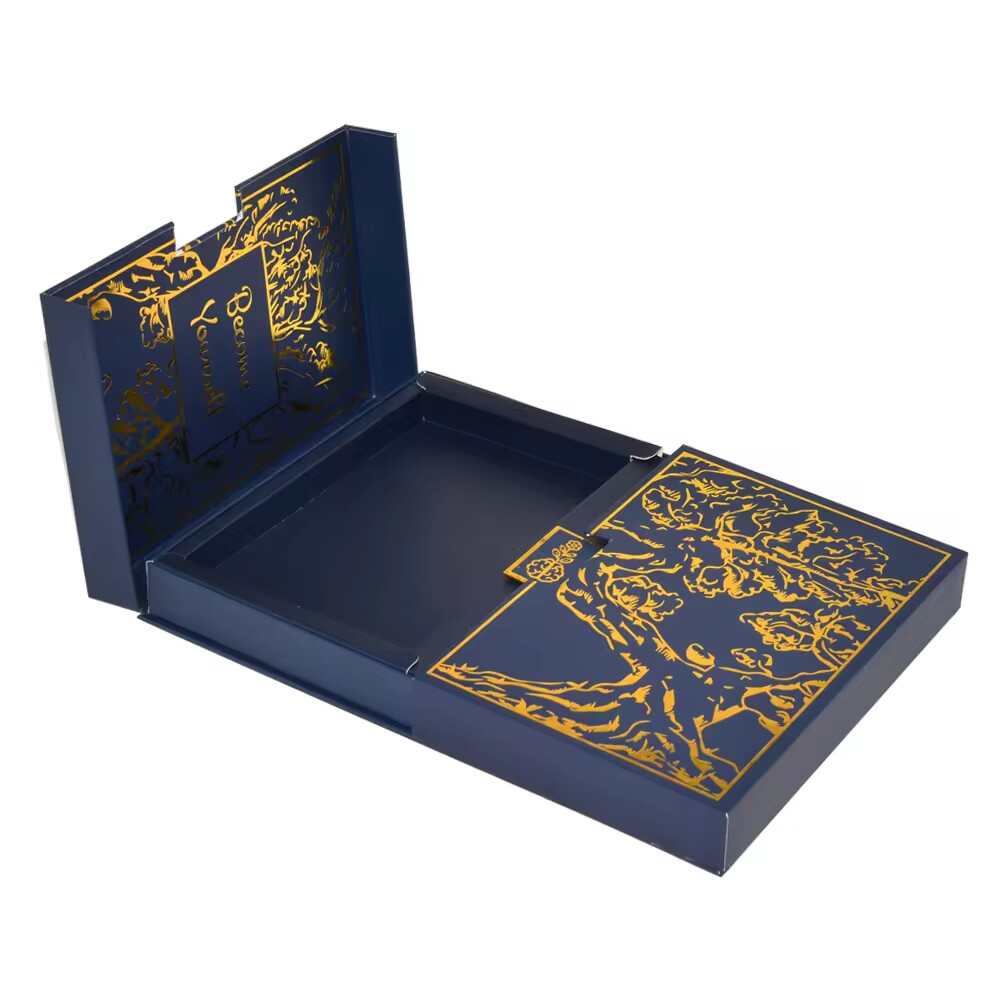 Luxury Gold Foil Stamp Hardboard Men's Dark Blue Gift Box Two Side Open Double Door Gift Boxes with Tray
