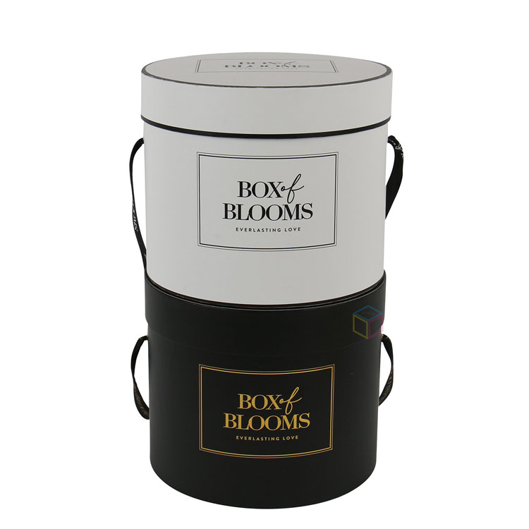 Custom Gold Foil Stamping Logo Round Black Cylinder Tube Paperboard Preserved Rose Flower Packaging Gift Box with Cloth Handle