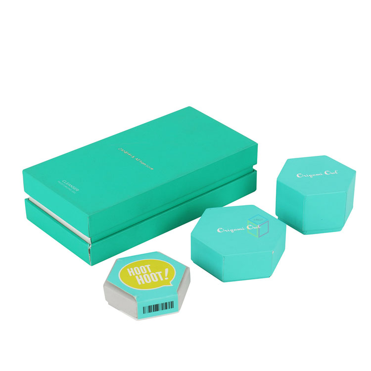 Luxury Matte Yellow Hexagon Neck Lid and Base Rigid Cardboard 5g 7g Round Glass Jars Packaging Boxes with Lid Off and EVA Holder