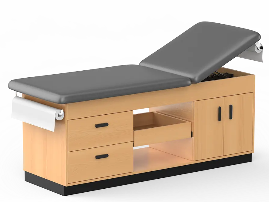 Mesa de examen manual para tratamiento de clínica médica de madera con gabinete de almacenamiento