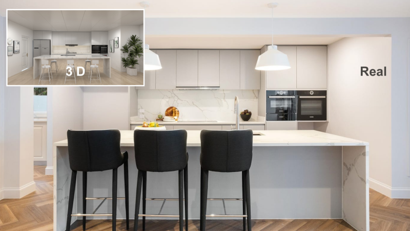 3D kitchen cabinet design compared with completed kitchen cabinetry for Australia villa project.png