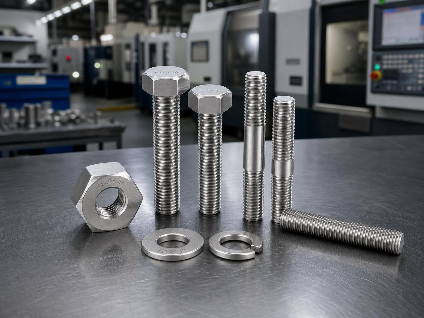 Alloy 20 Fasteners: Hex Bolts, Studs, Nuts, Washers & Threaded Rod for Acid Service