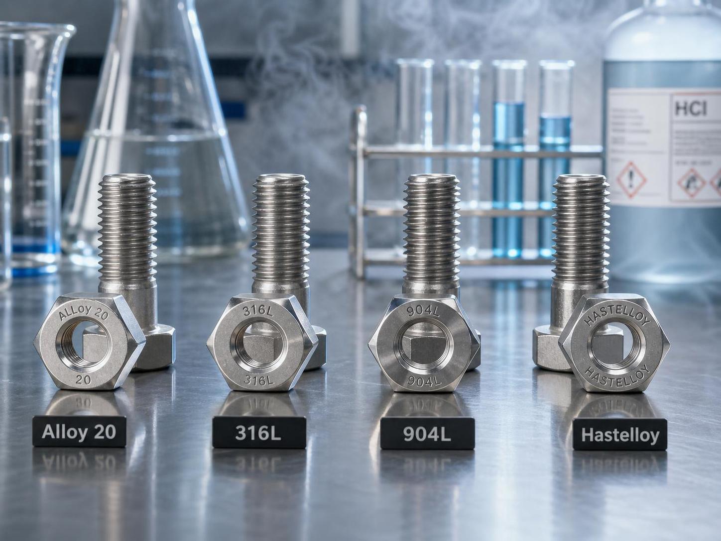Alloy 20 vs 316L, 317L, 904L, Duplex, AL6XN, Hastelloy & More: The Acid‑Resistant Fastener Showdown