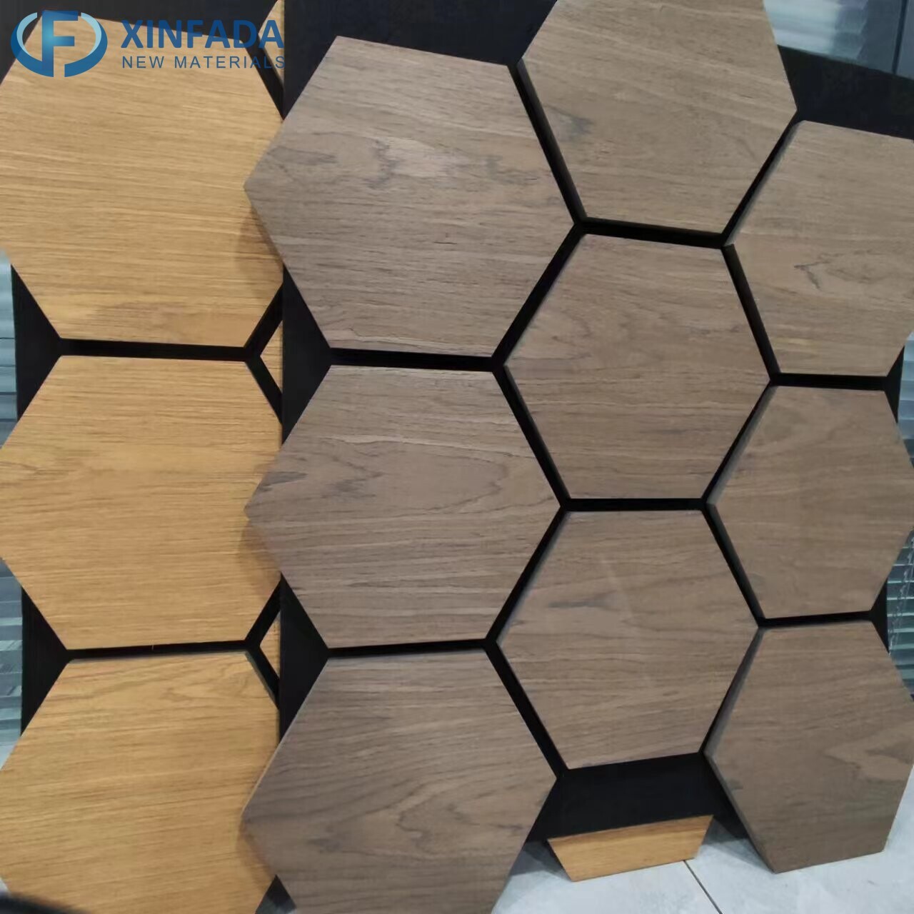 Hexagonal Pattern Polyester MDF Wood Veneer Surface Wall Panel