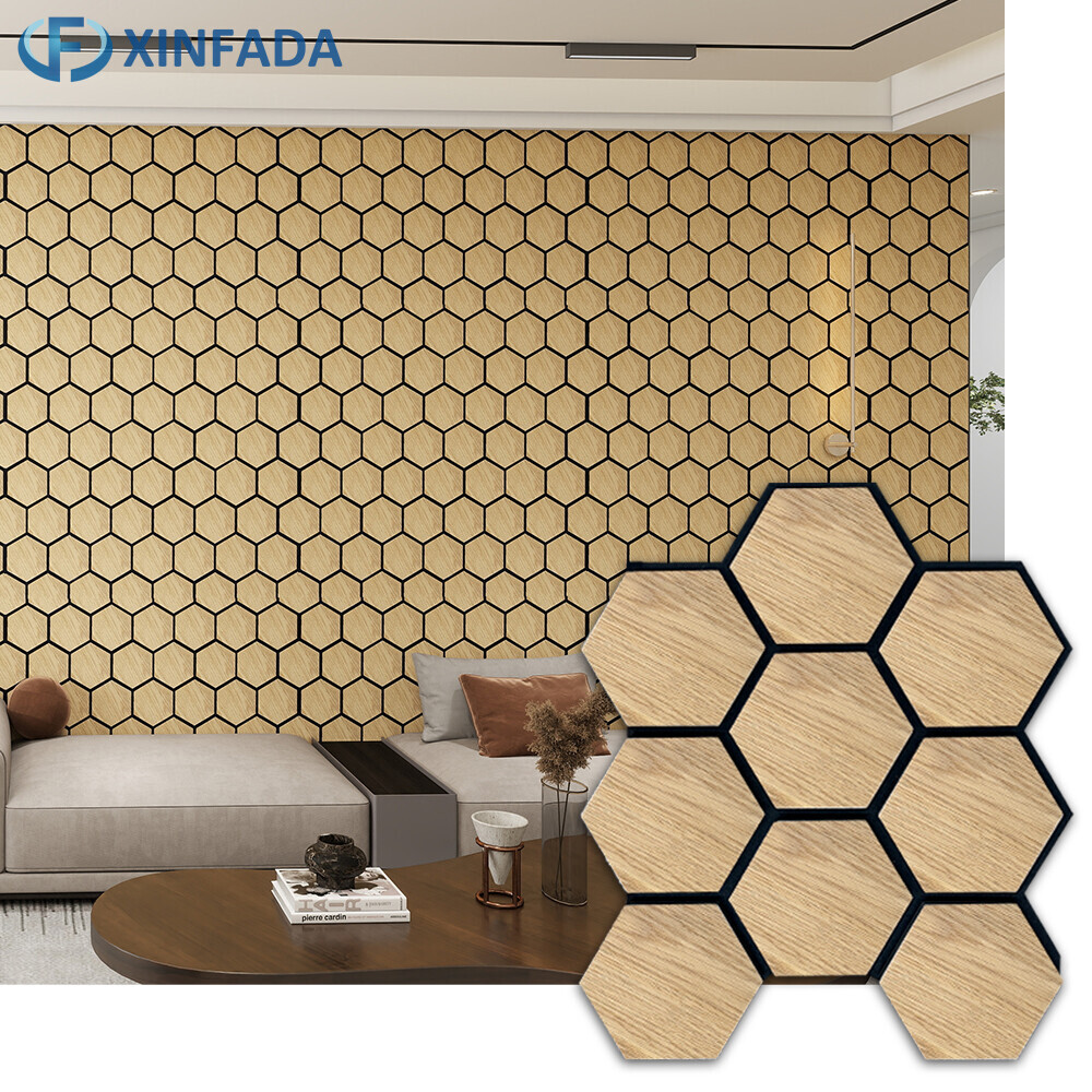 Hexagonal Pattern Polyester MDF Wood Veneer Surface Wall Panel