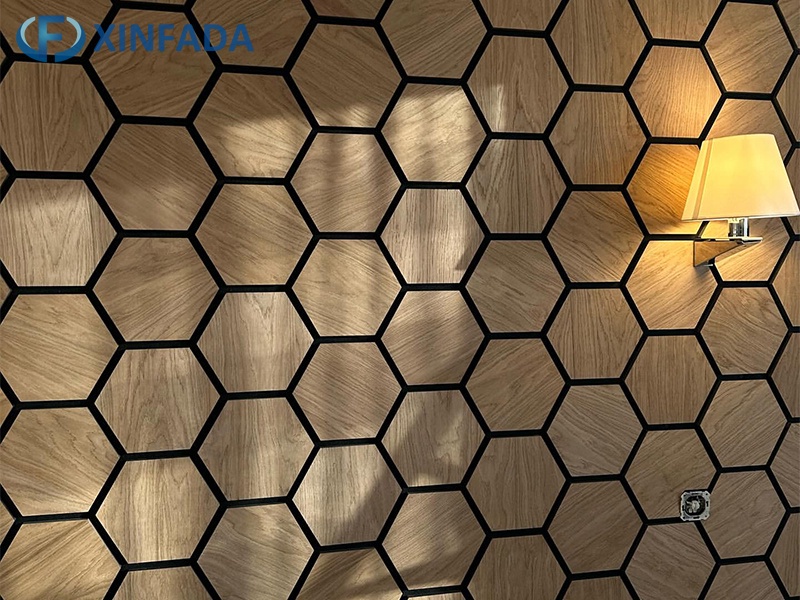 Hexagonal Pattern Polyester MDF Wood Veneer Surface Wall Panel