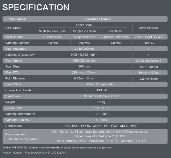  Scanner 3D portatif FreeScan Combo de haute qualité et précision de numérisation pour multiples objets