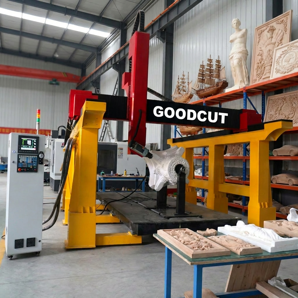 Routeur CNC 4 axes GC1325 avec tête oscillante et dispositif rotatif
