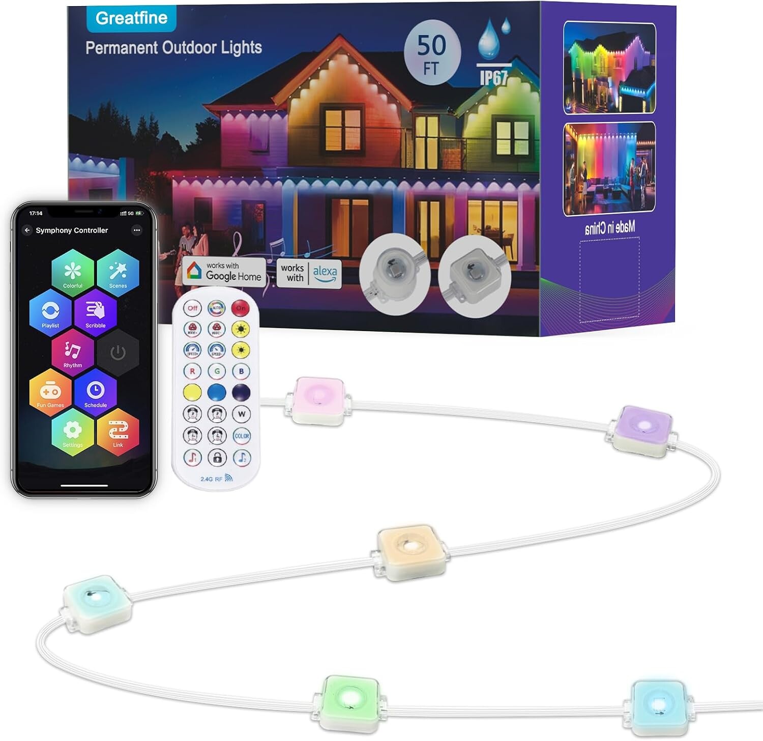 Permanent Outdoor Lights, 50ft with 30 LED Lights, Smart Outdoor House Lights with 66 Scene Modes, IP67 Waterproof Eaves Lights, Compatible with Alexa, Google Assistant