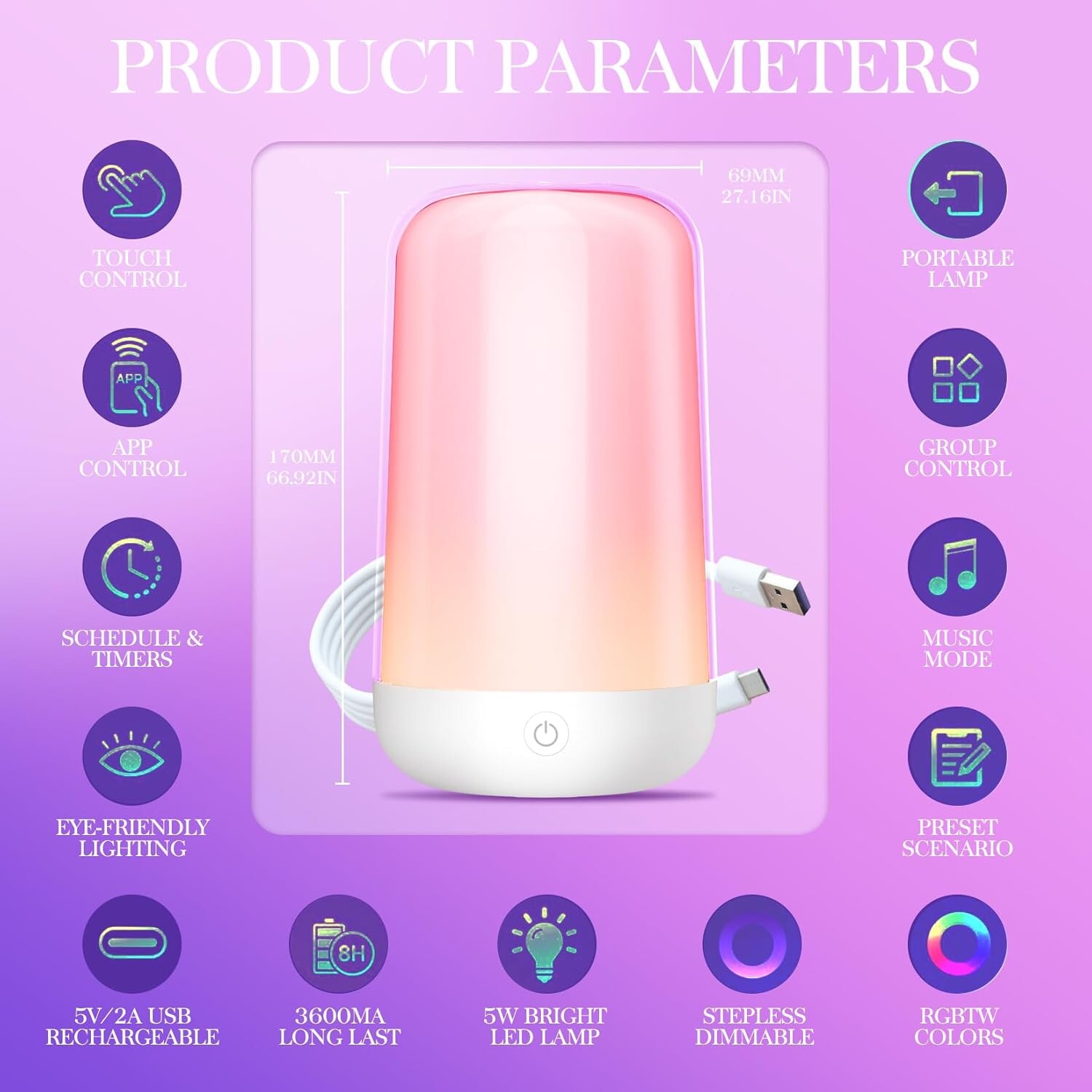 Touch Bedside Table Lamp - Smart LED Night Light with APP Rechargeable RGB Color Changing Lamp with Memory Music Function,3600mA Dimmable Desk Lamp for Kids Nursery Bedroom Decor,Bathroom