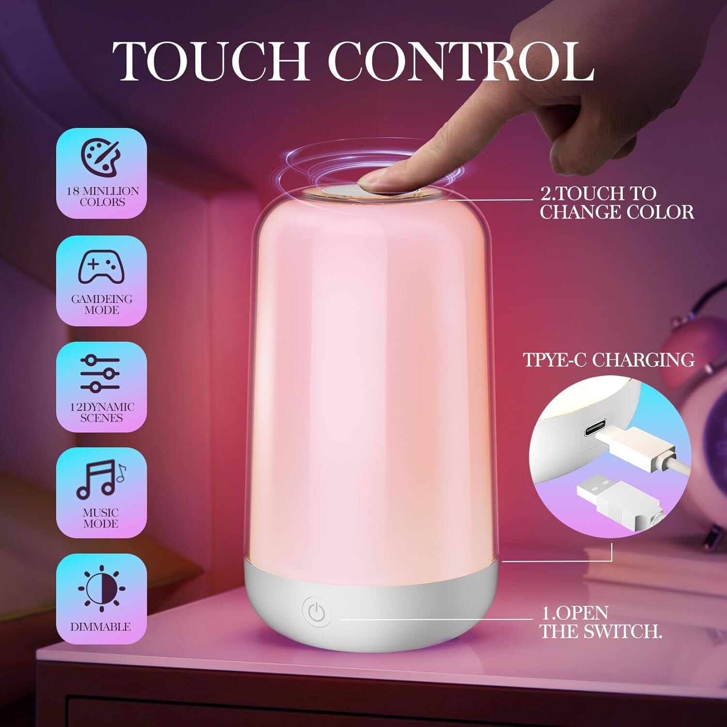 Touch Bedside Table Lamp - Smart LED Night Light with APP Rechargeable RGB Color Changing Lamp with Memory Music Function,3600mA Dimmable Desk Lamp for Kids Nursery Bedroom Decor,Bathroom