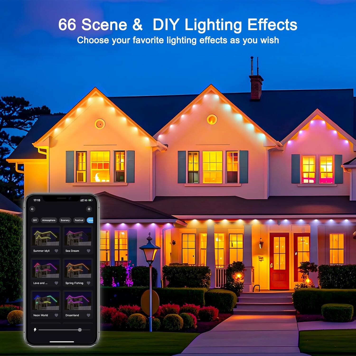 Permanent Outdoor Lights 100ft LED Eaves Lights, Waterproof Smart LED Eaves Lights with App&Remote Control,for Christmas,Party, Daily, Halloween and All Holiday Decor,House Roof and Garden Lighting