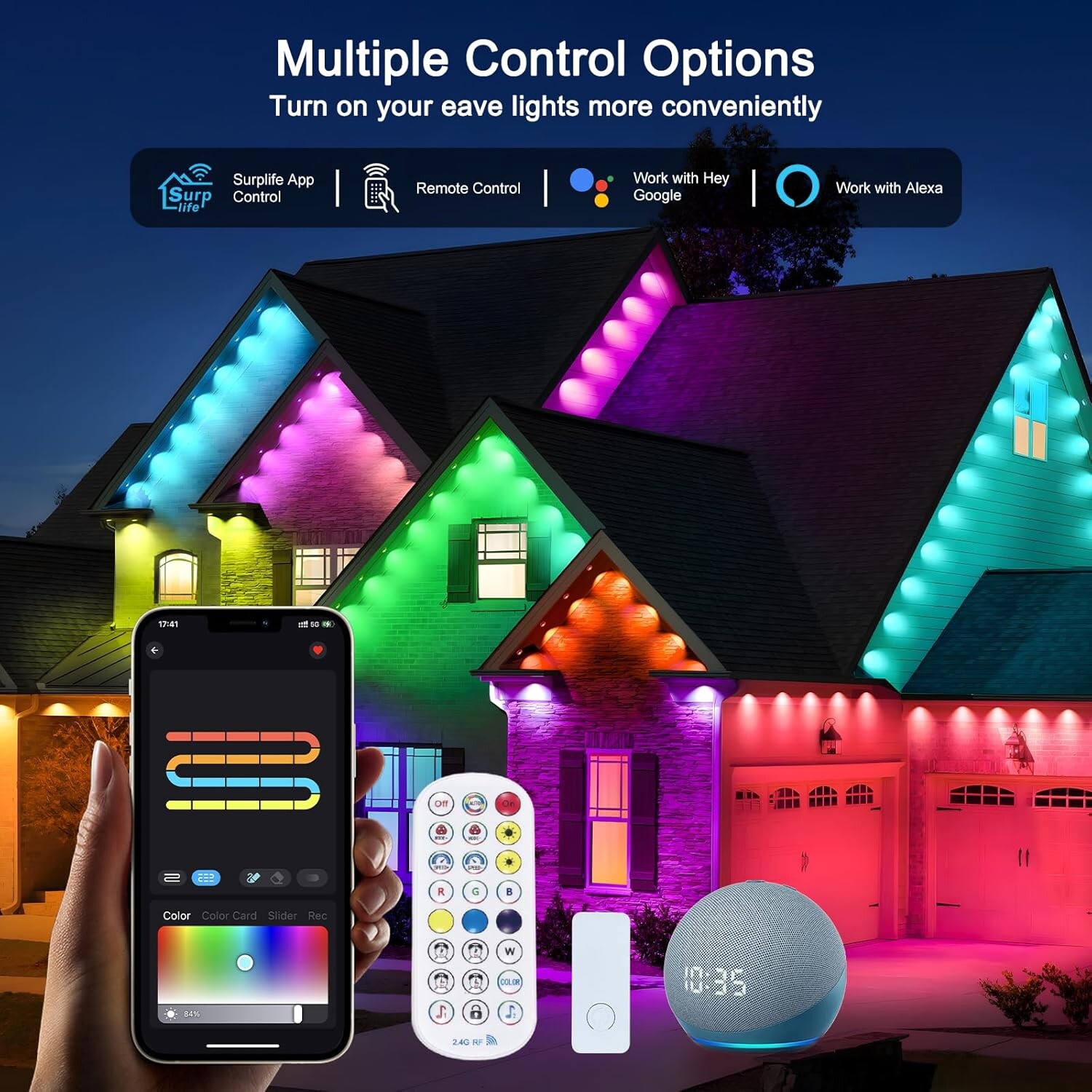 Permanent Outdoor Lights 100ft LED Eaves Lights, Waterproof Smart LED Eaves Lights with App&Remote Control,for Christmas,Party, Daily, Halloween and All Holiday Decor,House Roof and Garden Lighting