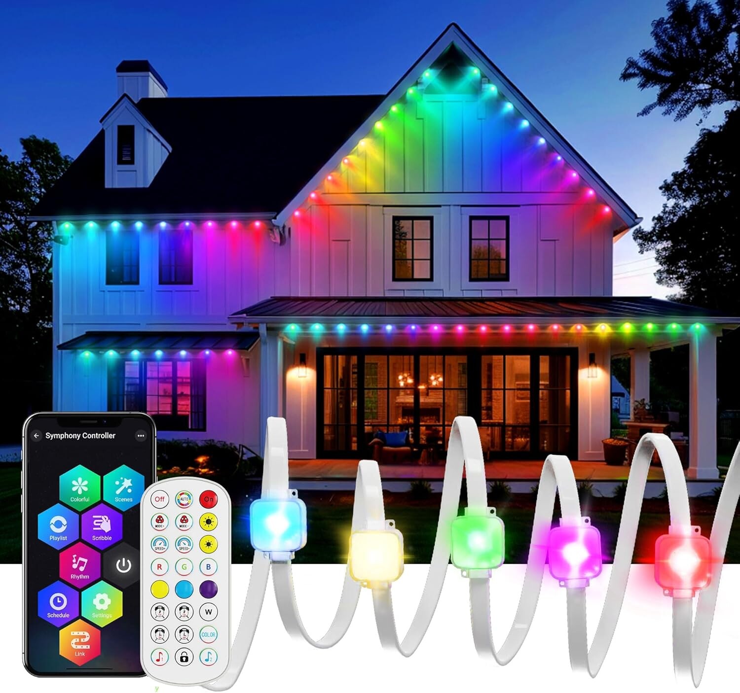 Permanent Outdoor Lights 100ft LED Eaves Lights, Waterproof Smart LED Eaves Lights with App&Remote Control,for Christmas,Party, Daily, Halloween and All Holiday Decor,House Roof and Garden Lighting
