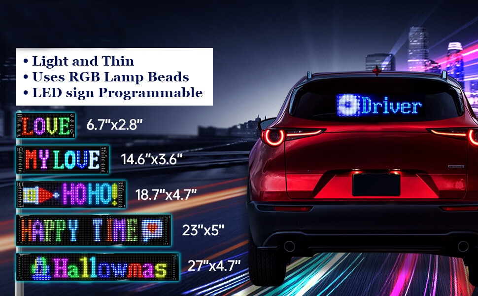 LED Car Sign, Programmable LED Matrix Panel FPCB Flexible Screen Display Animation Message Scrolling Sign APP Control for Cars, Shop, Bar, Party Festival 14.6