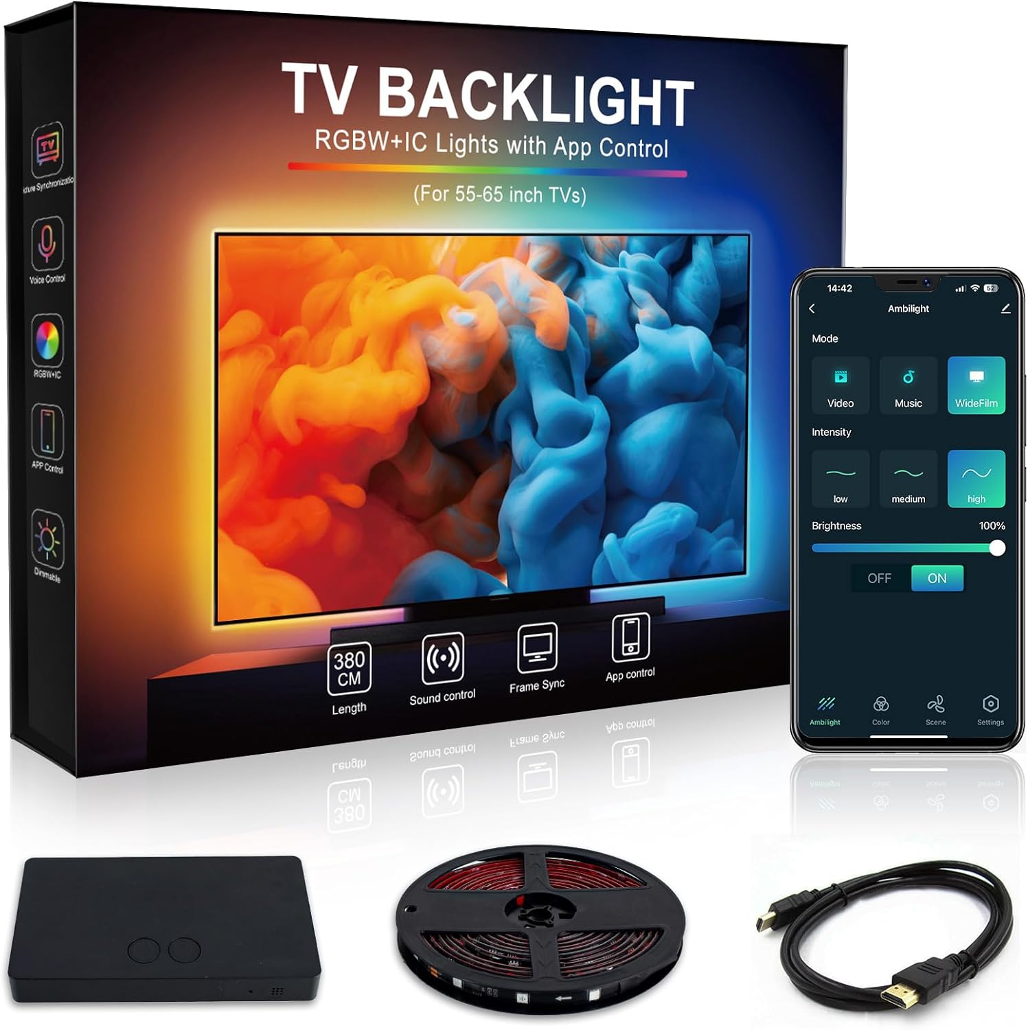 TV LED Backlight Syncs with The Screen, TV Lights Change Along with The TV, Follows The Audio Rhythm, Controllable Via App, Supports HD 4K30,12.5ft for 55-65 Inch Indoor TV