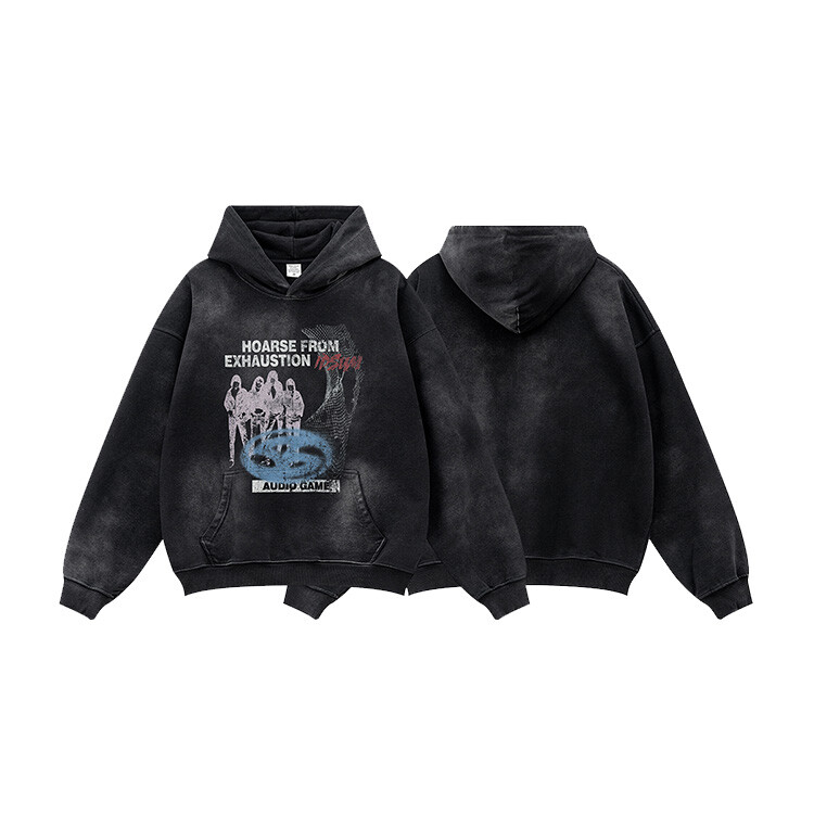 acid wash distress embroidery pullover hoodie