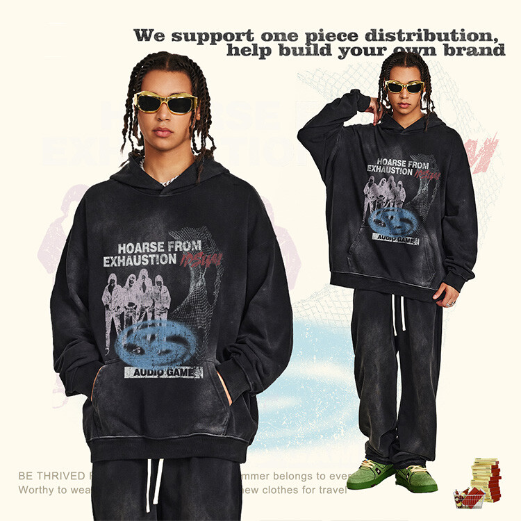 acid wash distress embroidery pullover hoodie