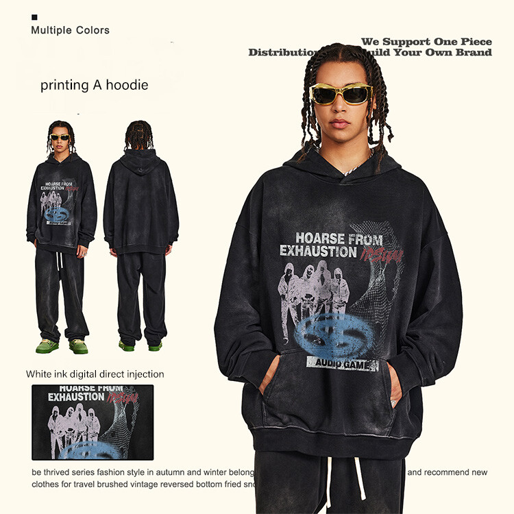 acid wash distress embroidery pullover hoodie