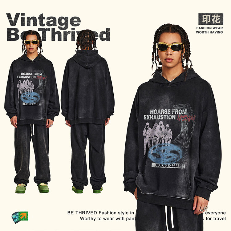 acid wash distress embroidery pullover hoodie