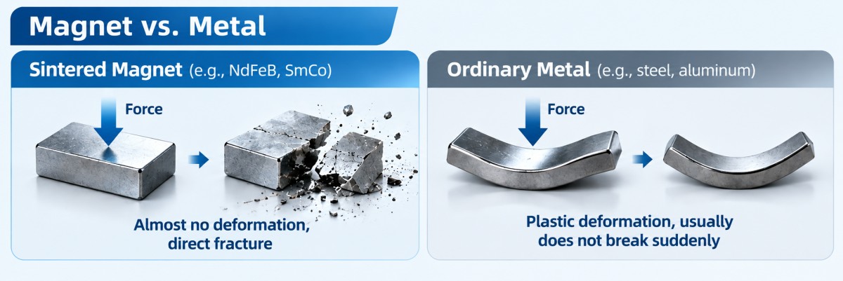 magnets-vs-metals-different-fracture-behaviors Why Are Neodymium Magnets Brittle? Causes of Cracking and Breakage
