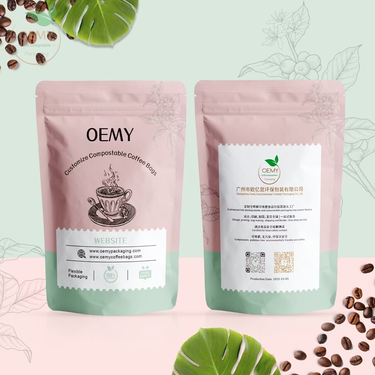 Biodegradable stand-up coffee packaging bag