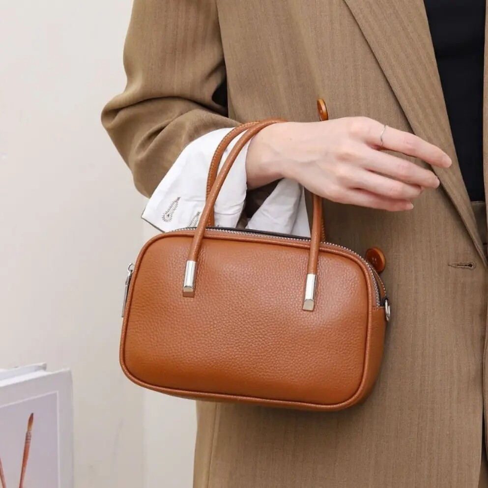 cross-border wholesale genuine leather small handbag for women boston bag simple fashion cowhide ladies shoulder bag