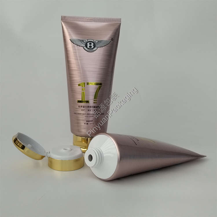 D55 300ml Hair Mask Tube High-gloss ABL Brushed Metal Effect Cosmetic Tube with Gold-plated Curved Flip-top Cap