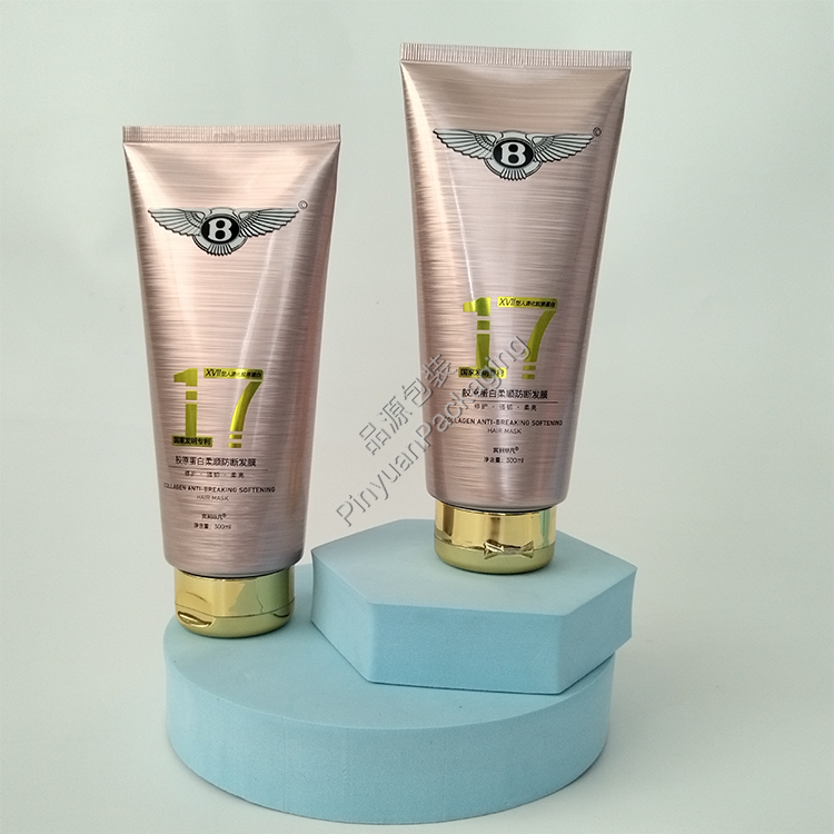 D55 300ml Hair Mask Tube High-gloss ABL Brushed Metal Effect Cosmetic Tube with Gold-plated Curved Flip-top Cap