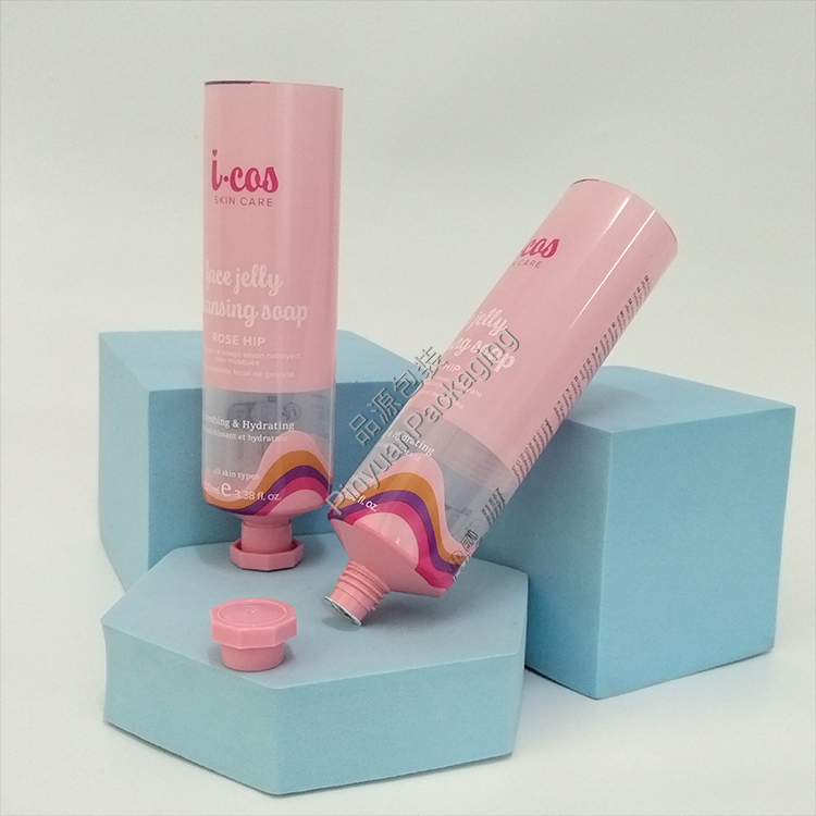 D40 100ml Skincare Lotion Transparent PBL Cosmetic Tube with Pink Octagonal Screw Cap