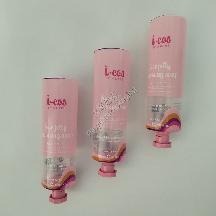 D40 100ml Skincare Lotion Transparent PBL Cosmetic Tube with Pink Octagonal Screw Cap