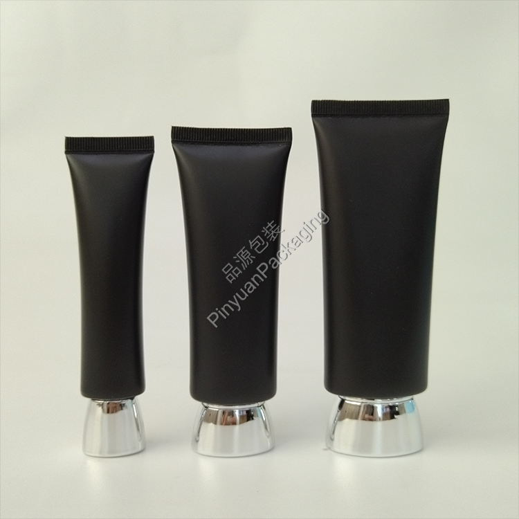 D22/D30/D35/D45 Skincare Lotion Black PE Cosmetic Tube with Bowl-shaped Silver-plated Screw Cap