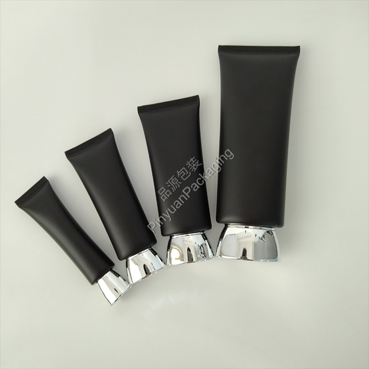 D22/D30/D35/D45 Skincare Lotion Black PE Cosmetic Tube with Bowl-shaped Silver-plated Screw Cap