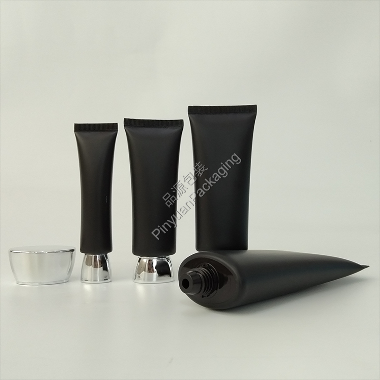 D22/D30/D35/D45 Skincare Lotion Black PE Cosmetic Tube with Bowl-shaped Silver-plated Screw Cap