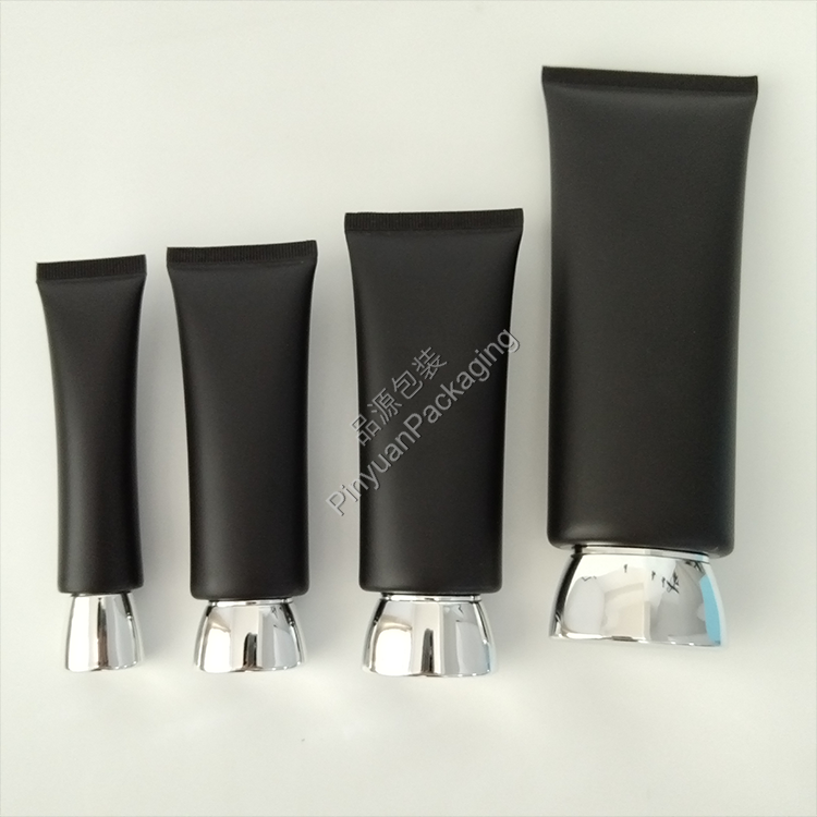 D22/D30/D35/D45 Skincare Lotion Black PE Cosmetic Tube with Bowl-shaped Silver-plated Screw Cap
