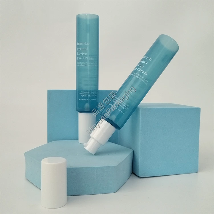 D30 50ml Eye Cream Pearlescent Translucent Blue PE Cosmetic Tube with White Pump Cap
