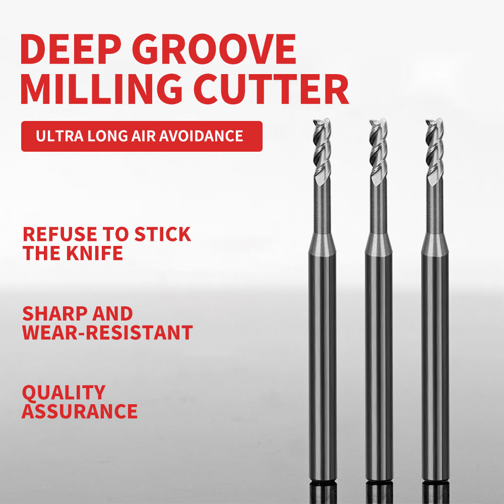 55° Tungsten Steel Aluminum Deep Groove Long Neck End Mill, 3-Flute, High-Gloss Mirror Finish, Chip Avoidance, Extended 1.0, 1.5, 2.0, 2.5mm