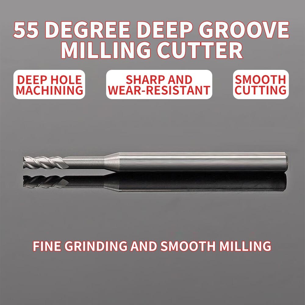55° Tungsten Steel Aluminum Deep Groove Long Neck End Mill, 3-Flute, High-Gloss Mirror Finish, Chip Avoidance, Extended 1.0, 1.5, 2.0, 2.5mm