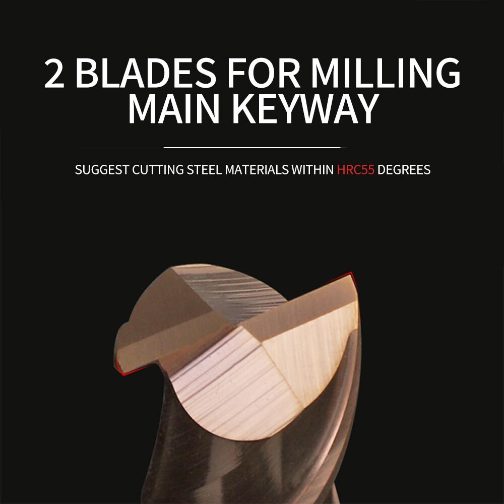 55° Tungsten Steel End Mill, 2-Flute Keyway Cutter, Extended, CNC Tool, Coated, Flat Bottom, Carbide End Mill