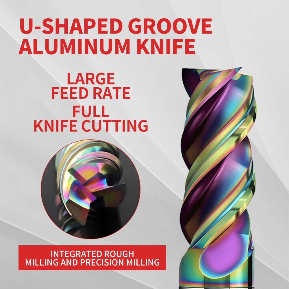60° Rainbow U-Shaped Groove High-Efficiency Aluminum End Mill, Tungsten Steel Alloy End Mill, 3-Flu