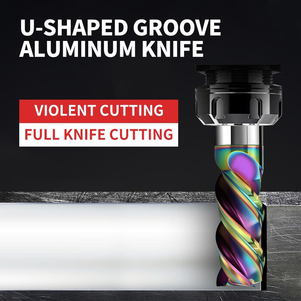 60° Rainbow U-Shaped Groove High-Efficiency Aluminum End Mill, Tungsten Steel Alloy End Mill, 3-Flu