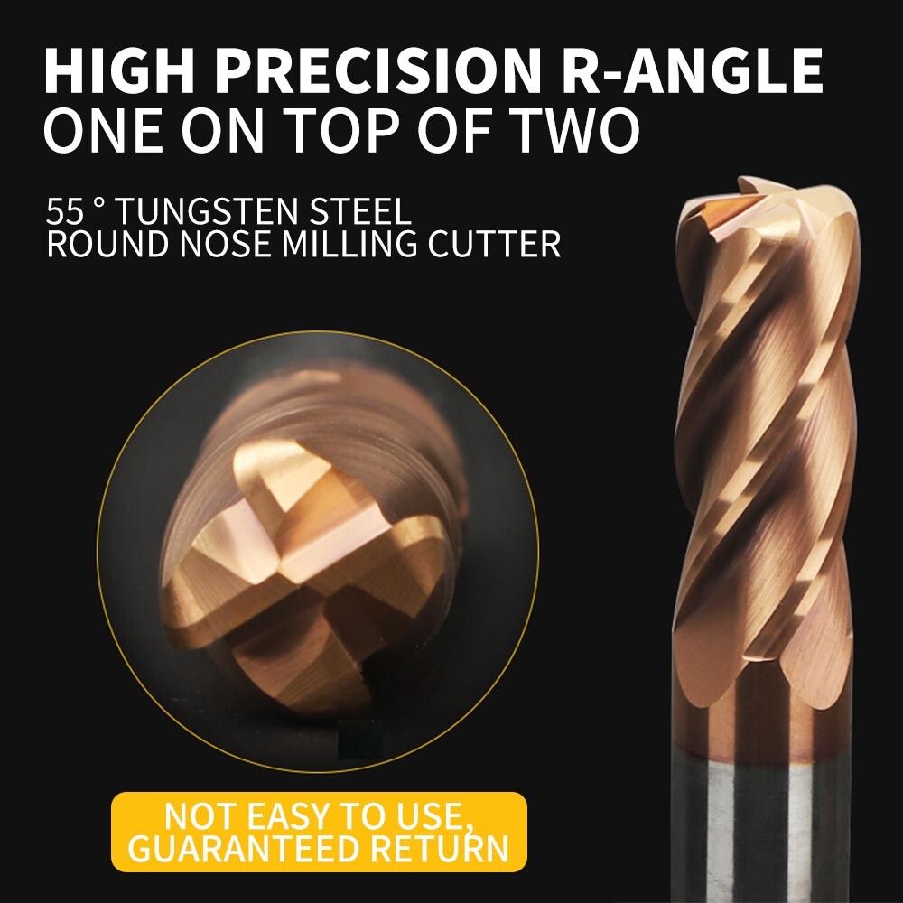 55° Tungsten Steel Alloy End Mill, 4-Flute, Extended, Bullnose Round Nose End Mill, Carbide Coated, D6R0.5, End Mill