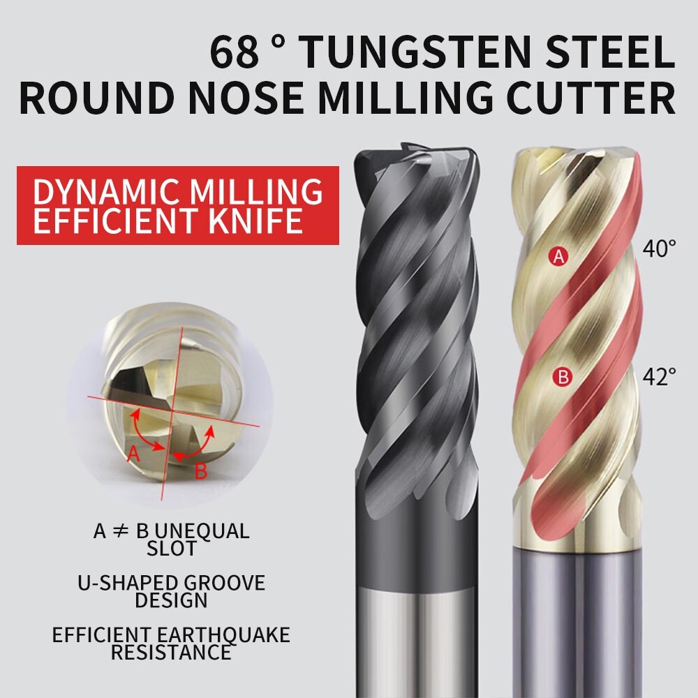 68° Round Nose End Mill, Unequal Spiral, Unequal Pitch, High-Efficiency U-Groove, Special for Stainless Steel and Titanium Alloy, Bullnose 10R0.5