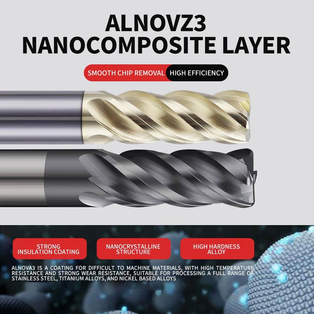 68° Round Nose End Mill, Unequal Spiral, Unequal Pitch, High-Efficiency U-Groove, Special for Stainless Steel and Titanium Alloy, Bullnose 10R0.5