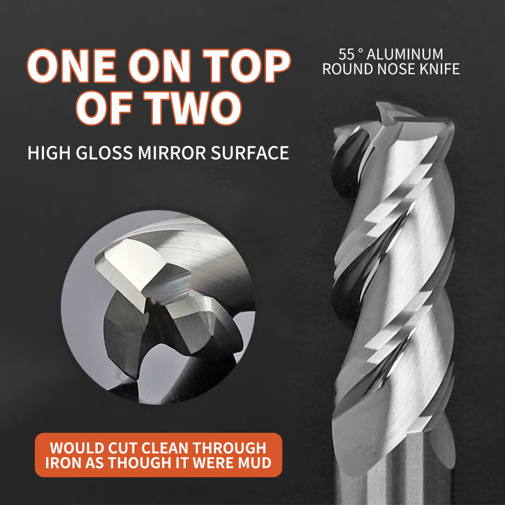 55° Aluminum Round Nose End Mill, Carbide Aluminum Alloy High-Gloss Special Tool, Tungsten Steel End Mill, 3-Flute, CNC Tool