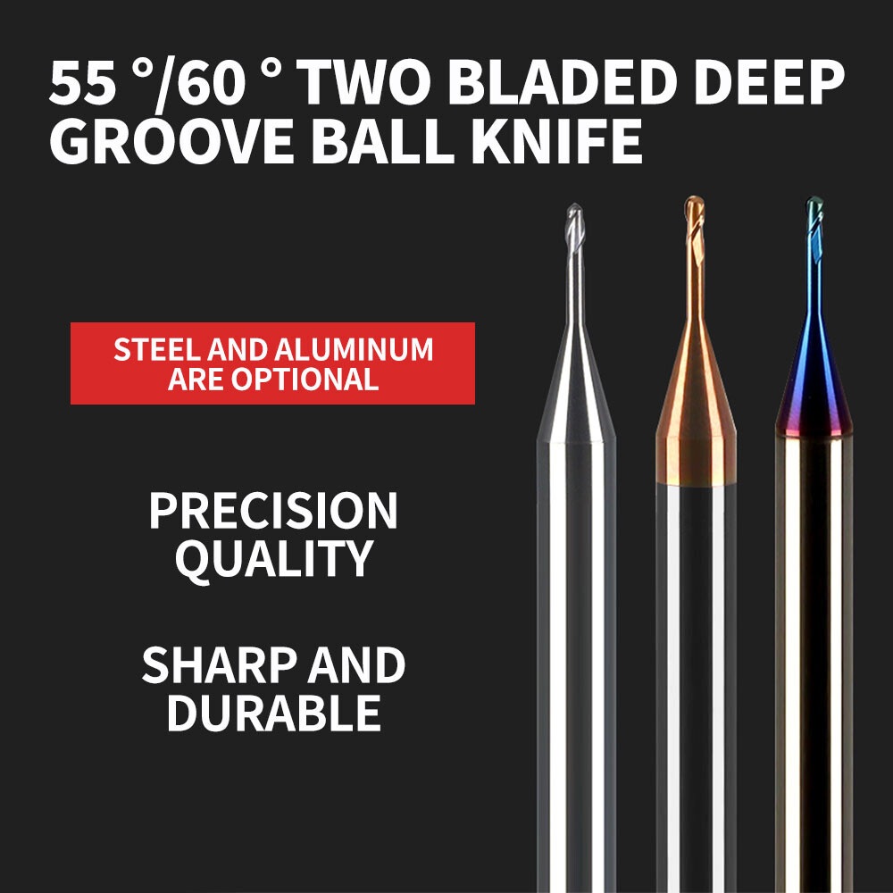 Deep Groove Ball Nose End Mill, 2-Flute, R0.5, Extended Neck, Aluminum Use, R1 for Stainless Steel, R1.25 Chip Avoidance, R1.5 Ball Shape