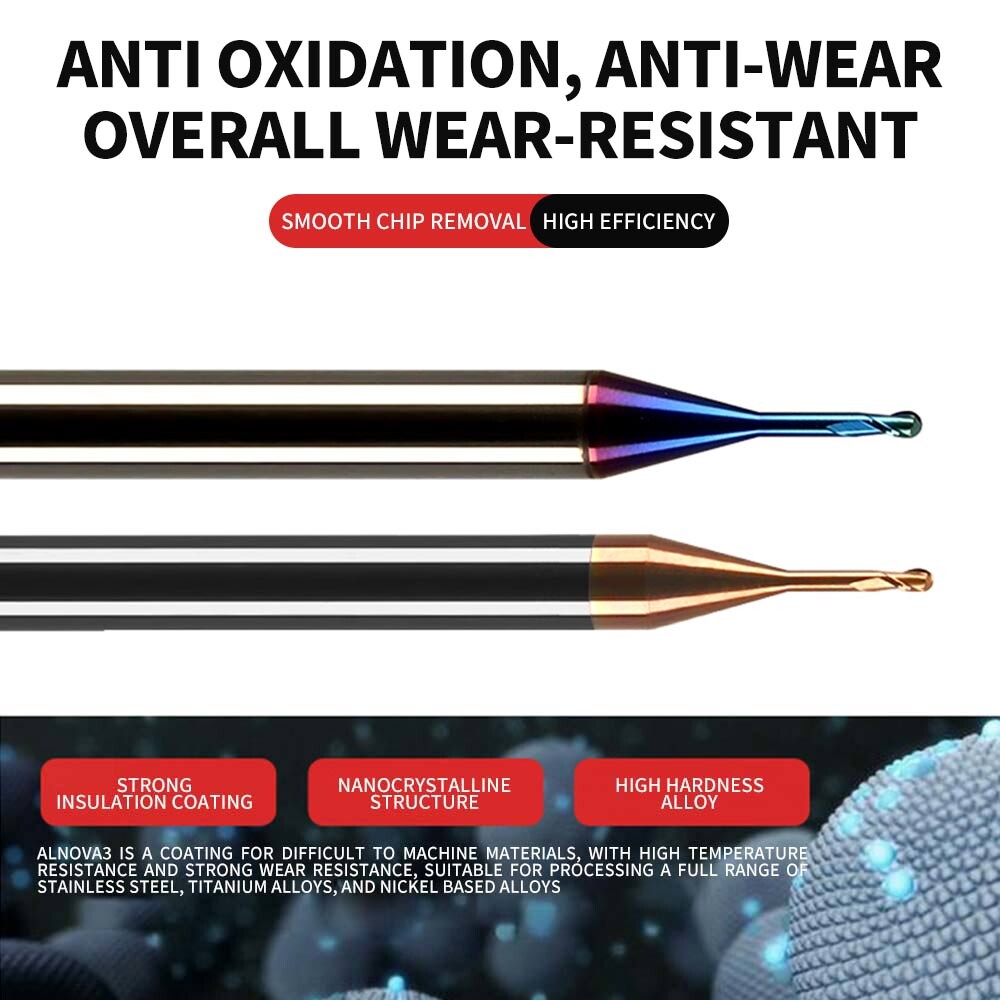 Deep Groove Ball Nose End Mill, 2-Flute, R0.5, Extended Neck, Aluminum Use, R1 for Stainless Steel, R1.25 Chip Avoidance, R1.5 Ball Shape