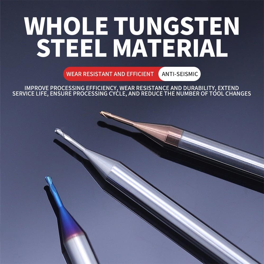 Deep Groove Ball Nose End Mill, 2-Flute, R0.5, Extended Neck, Aluminum Use, R1 for Stainless Steel, R1.25 Chip Avoidance, R1.5 Ball Shape