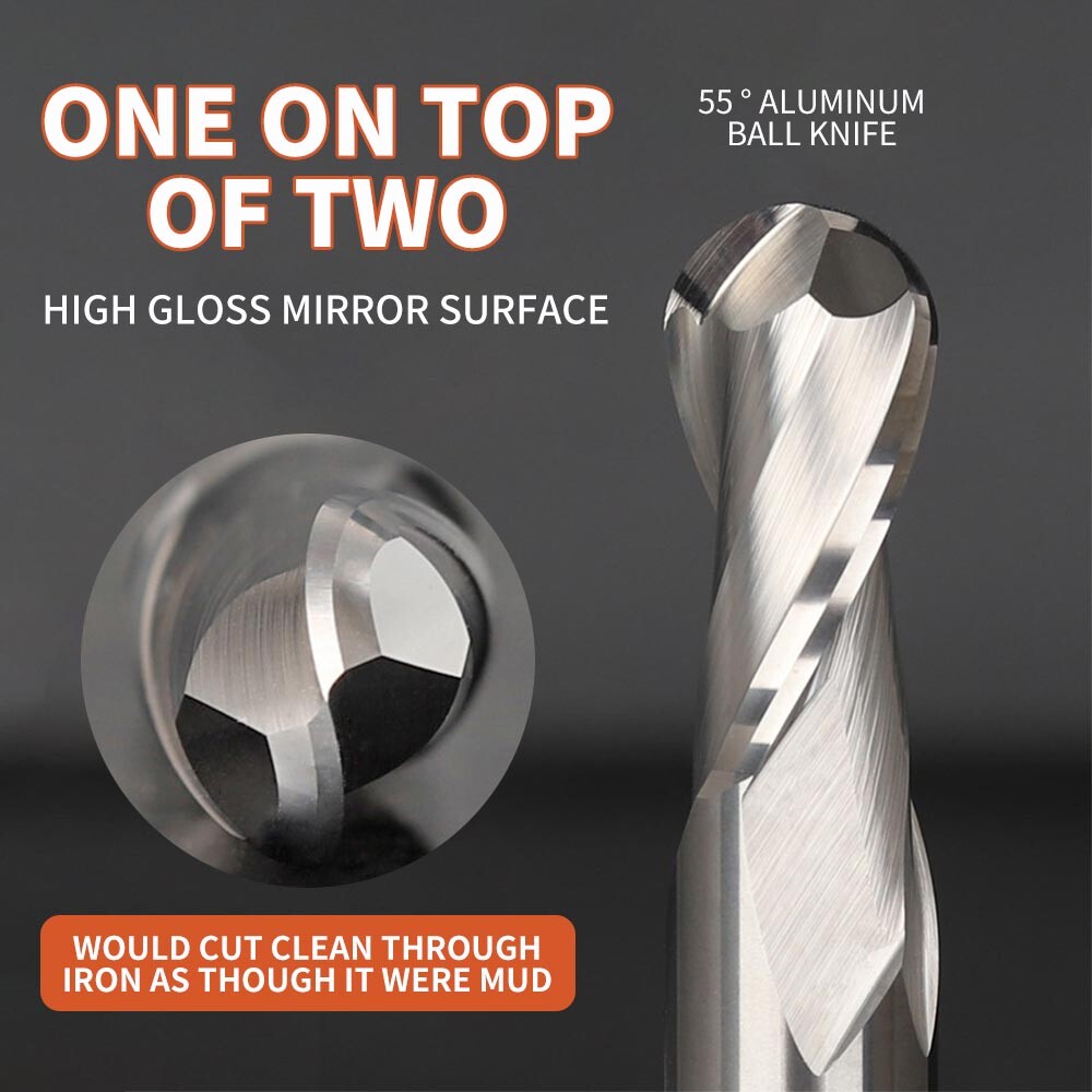 55° Aluminum Ball Nose End Mill, Round Head, Ball Shape, High-Gloss, Alloy, Tungsten Steel, End Mill, Machining Center Tool