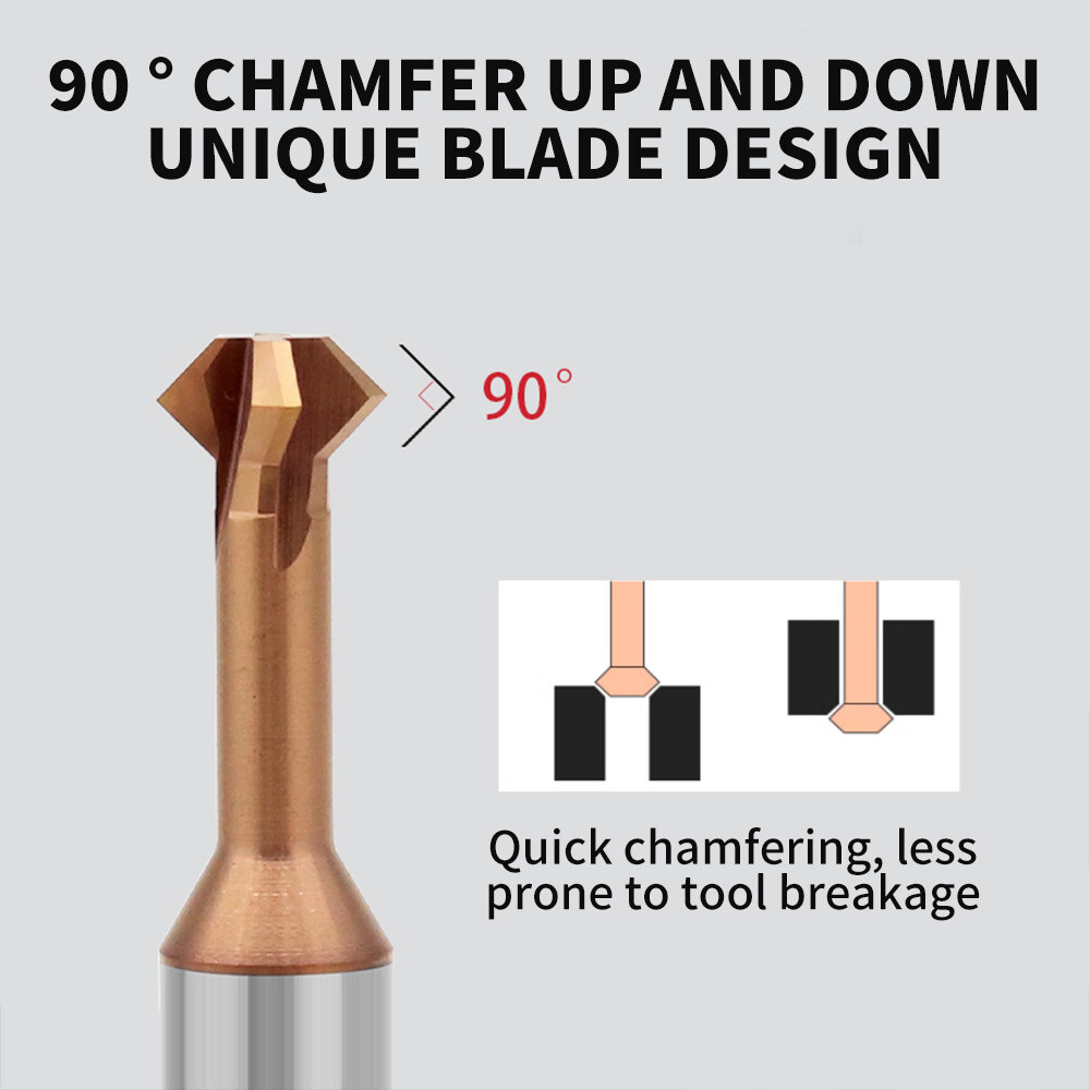 90° Chamfering Cutter for Steel and Aluminum, Tungsten Steel End Mill, Carbide, 3-Flute, Straight Groove, CNC Machining Center, High-Gloss
